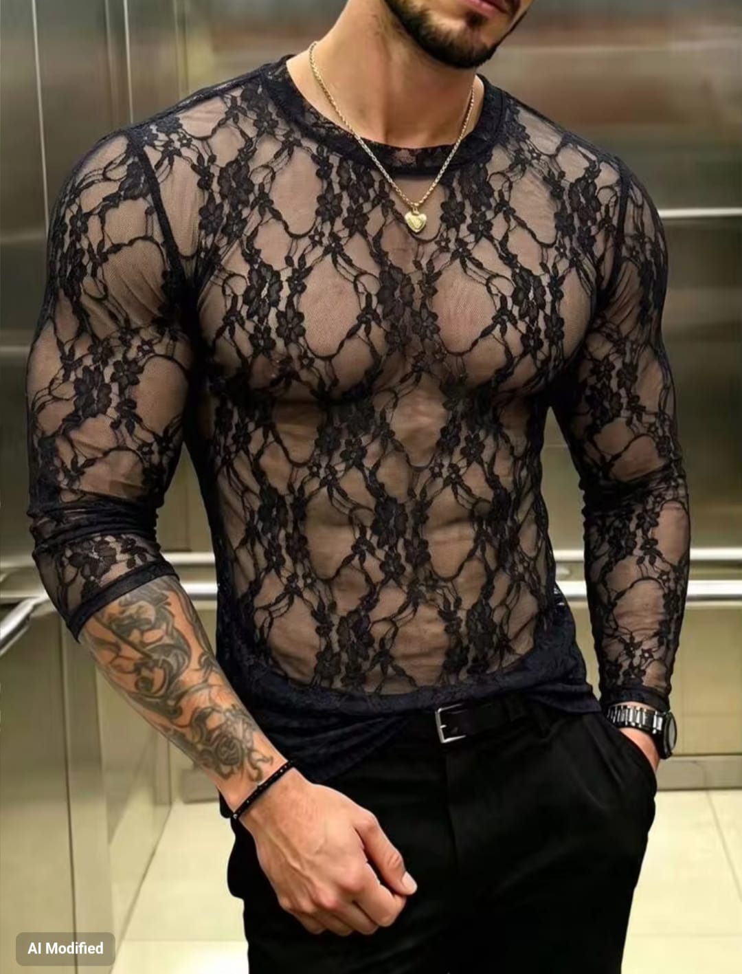Men's High-Stretch Sheer Floral Lace Crewneck Long Sleeve Fitted T-Shirt